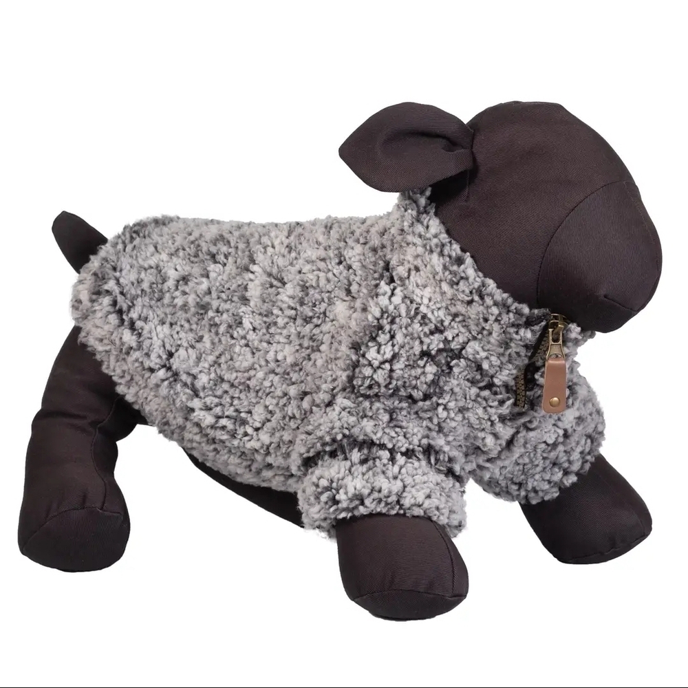 Cozy Grey Sherpa Dog Jacket with Faux Leather Zipper